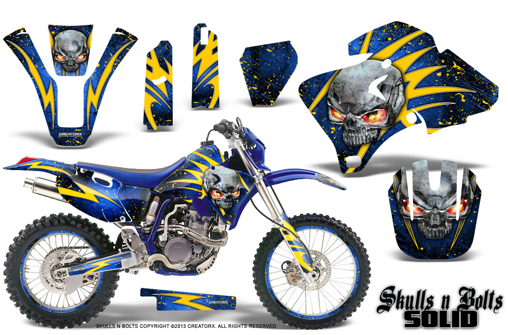 Yamaha WR426F Graphics Kit Skulls n Bolts Solid Yellow Blue NP Rims